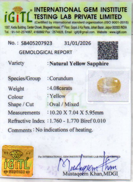 Yellow Sapphire (Pukhraj) Gemstone - 4.08 Carats