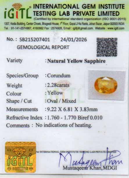Yellow Sapphire (Pukhraj) Gemstone - 2.28 Carats