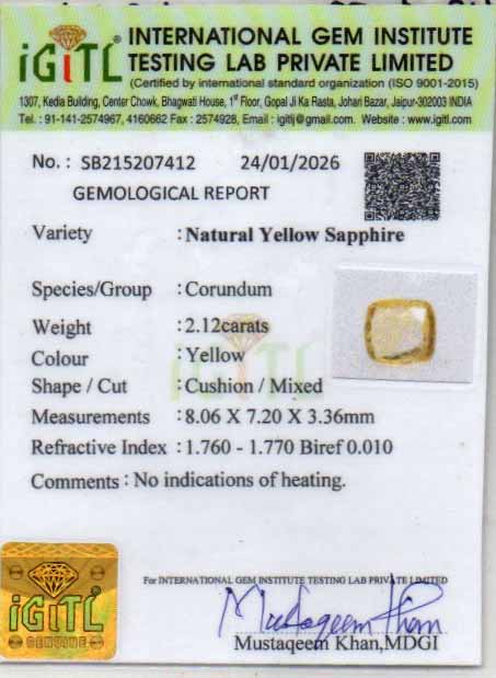 Yellow Sapphire (Pukhraj) Gemstone - 2.12 Carats