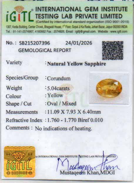 Yellow Sapphire (Pukhraj) Gemstone - 5.04 Carats