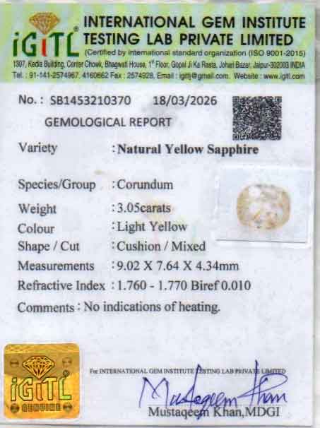 Yellow Sapphire (Pukhraj) Gemstone - 3.05 Carats