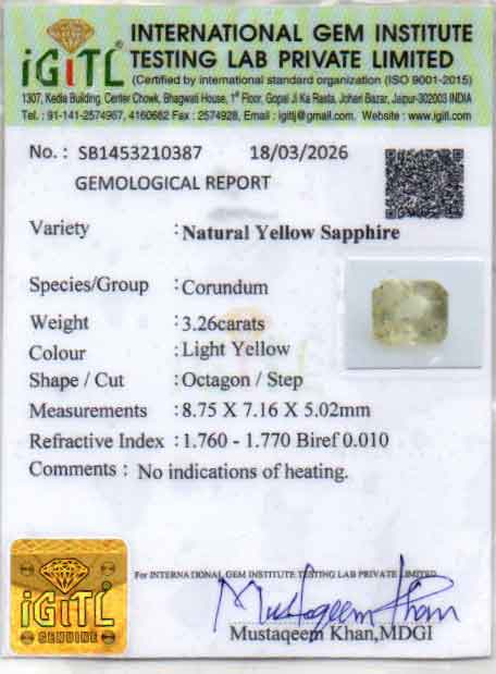 Yellow Sapphire (Pukhraj) Gemstone - 3.26 Carats