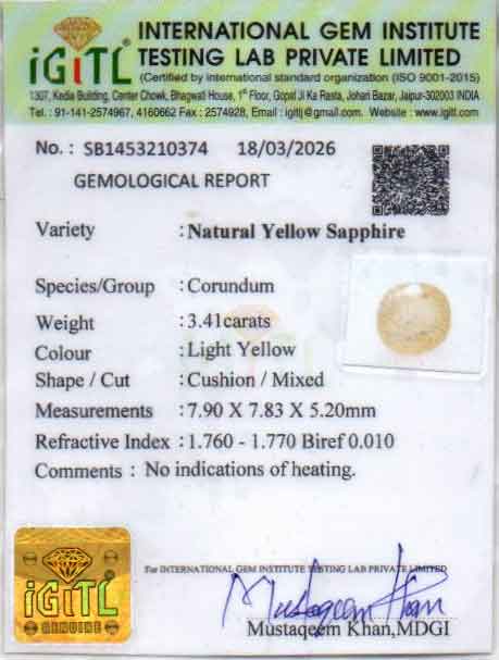 Yellow Sapphire (Pukhraj) Gemstone - 3.41 Carats