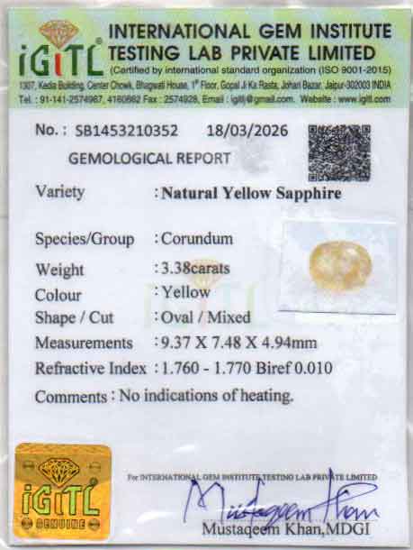 Yellow Sapphire (Pukhraj) Gemstone - 3.38 Carats