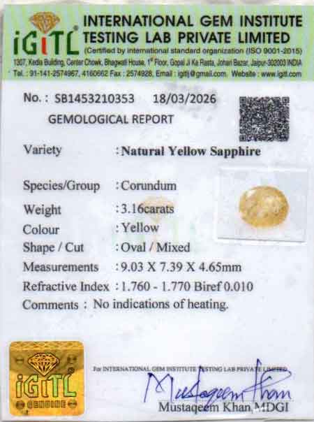 Yellow Sapphire (Pukhraj) Gemstone - 3.16 Carats