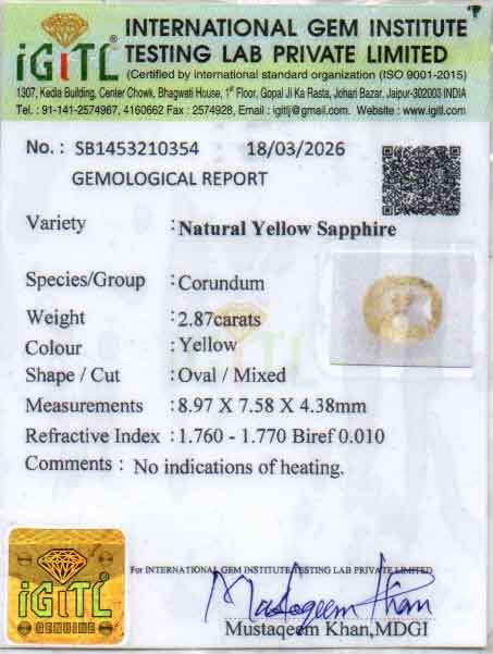 Yellow Sapphire (Pukhraj) Gemstone - 2.87 Carats