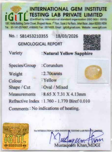 Yellow Sapphire (Pukhraj) Gemstone - 2.7 Carats
