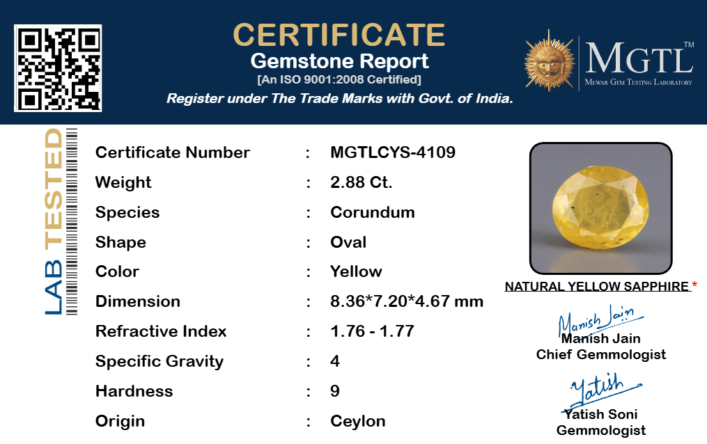 Yellow Sapphire (Pukhraj) Gemstone - 2.88 Carats