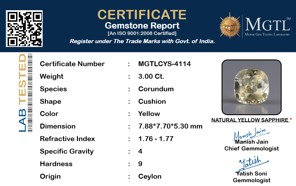 Yellow Sapphire (Pukhraj) Gemstone - 3.0 Carats