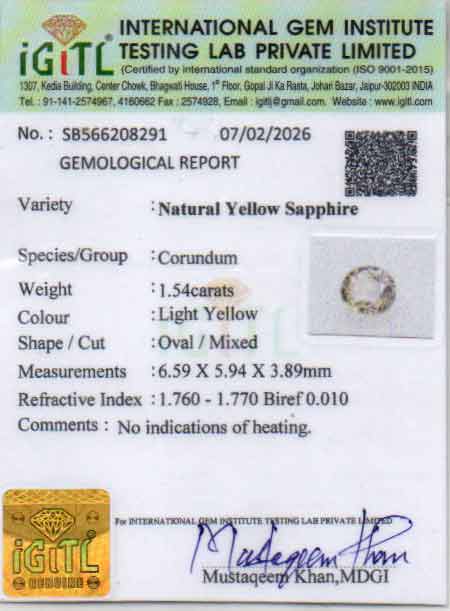 Yellow Sapphire (Pukhraj) Gemstone - 1.54 Carats