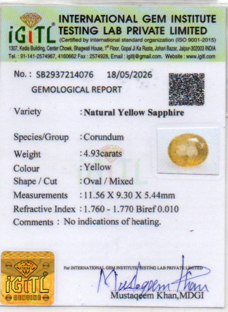 Yellow Sapphire (Pukhraj) Gemstone - 4.93 Carats