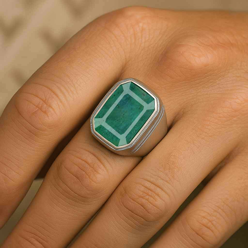 Handmade 925 Silver Emerald Gemstone Ring For Male