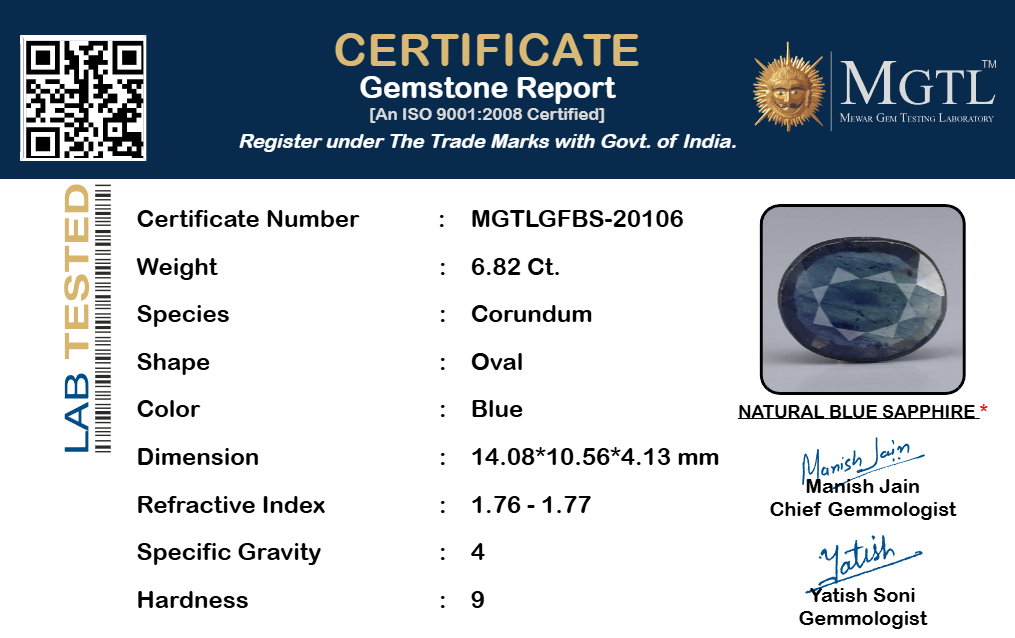 Blue Sapphire (Neelam) Gemstone - 6.82 Carats