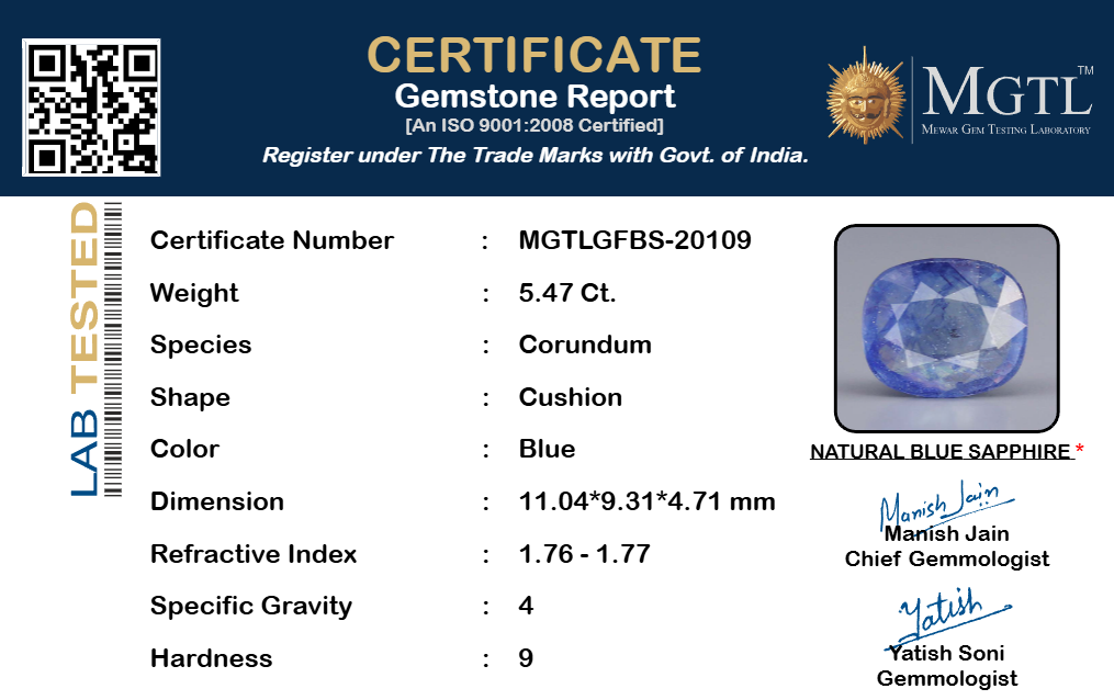 Blue Sapphire (Neelam) Gemstone - 5.47 Carats