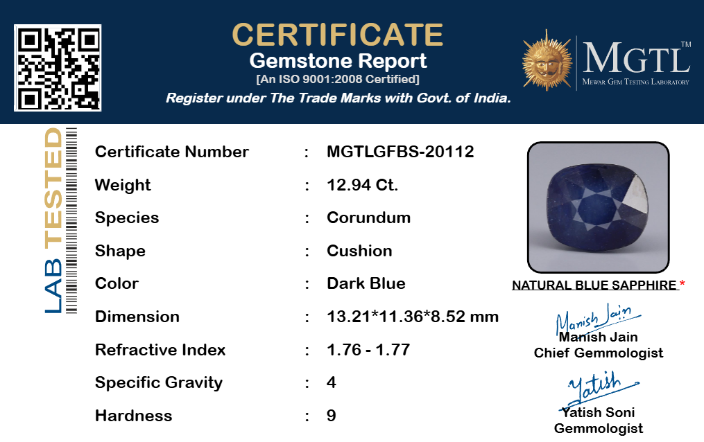 Blue Sapphire (Neelam) Gemstone - 12.94 Carats