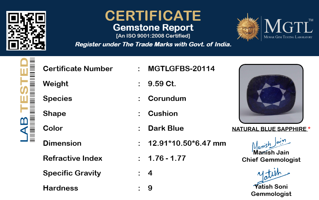 Blue Sapphire (Neelam) Gemstone - 9.59 Carats