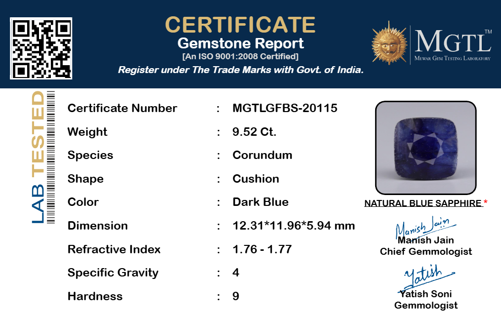 Blue Sapphire (Neelam) Gemstone - 9.52 Carats