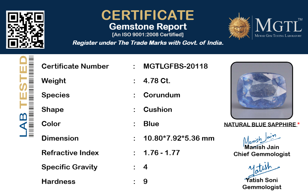 Blue Sapphire (Neelam) Gemstone - 4.78 Carats