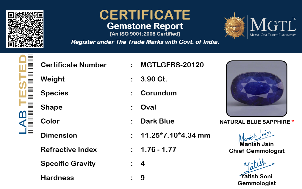 Blue Sapphire (Neelam) Gemstone - 3.90 Carats