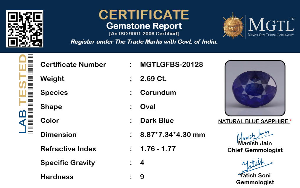 Blue Sapphire (Neelam) Gemstone - 2.69 Carats