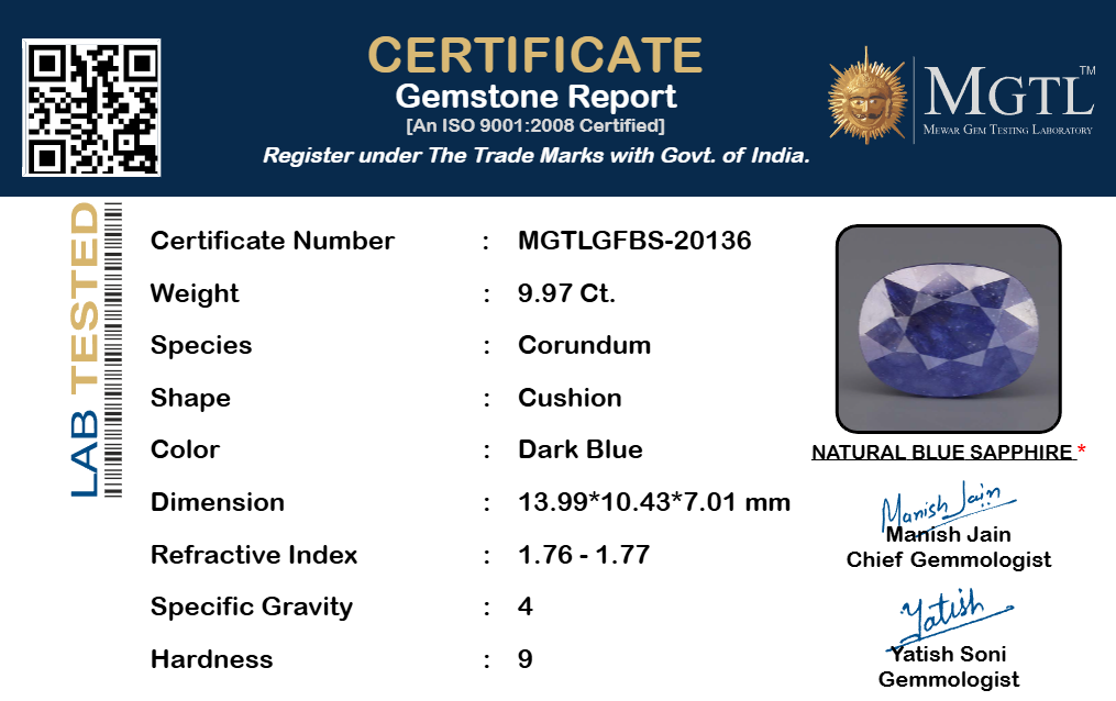 Blue Sapphire (Neelam) Gemstone - 9.97 Carats