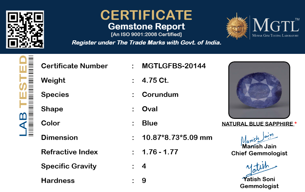 Blue Sapphire (Neelam) Gemstone - 4.75 Carats