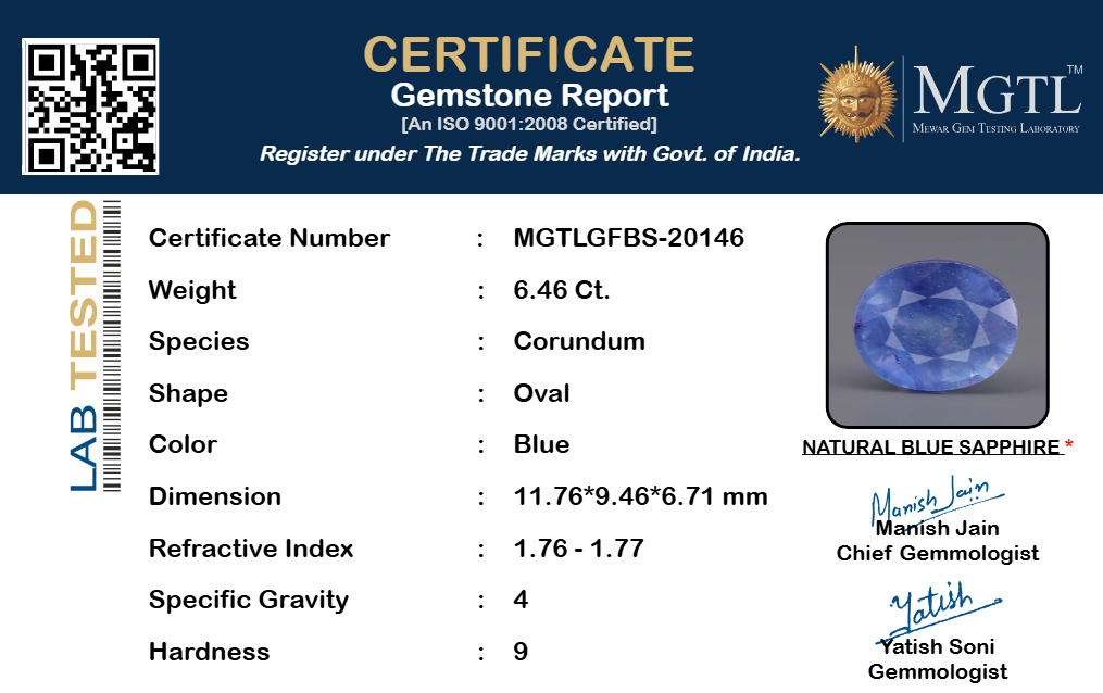 Blue Sapphire (Neelam) Gemstone - 6.46 Carats