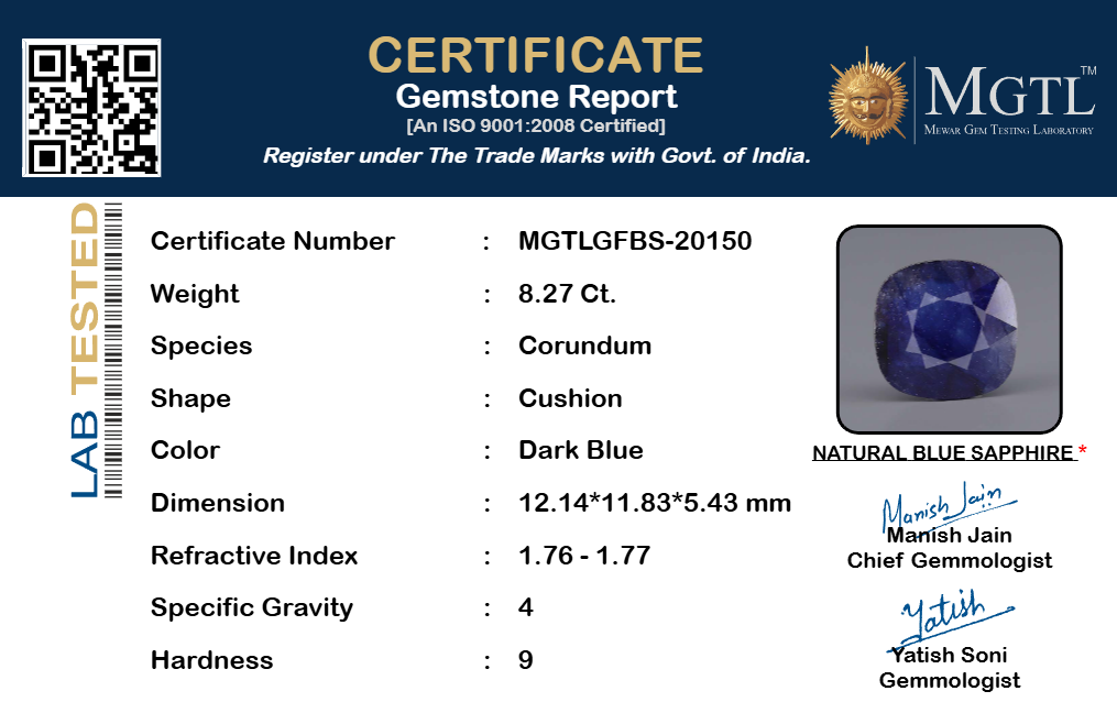 Blue Sapphire (Neelam) Gemstone - 8.27 Carats
