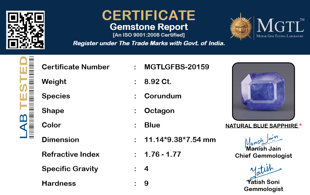Blue Sapphire (Neelam) Gemstone - 8.92 Carats