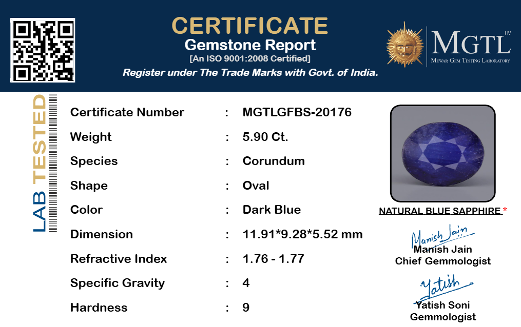 Blue Sapphire (Neelam) Gemstone - 5.90 Carats