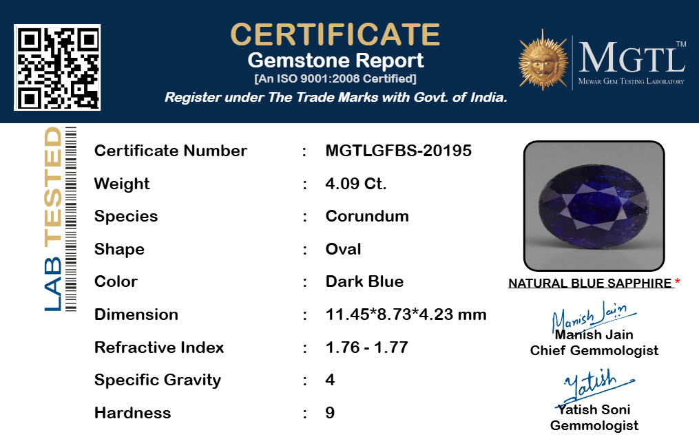 Blue Sapphire (Neelam) Gemstone - 4.09 Carats
