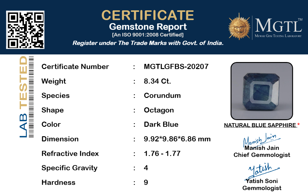 Blue Sapphire (Neelam) Gemstone - 8.34 Carats
