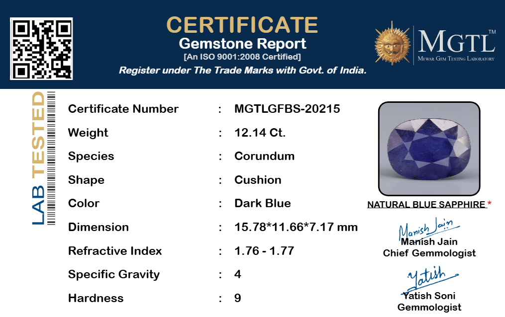 Blue Sapphire (Neelam) Gemstone - 12.14 Carats