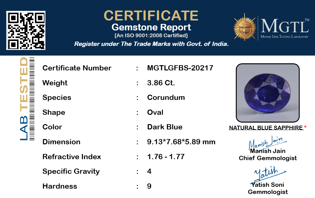 Blue Sapphire (Neelam) Gemstone - 3.86 Carats