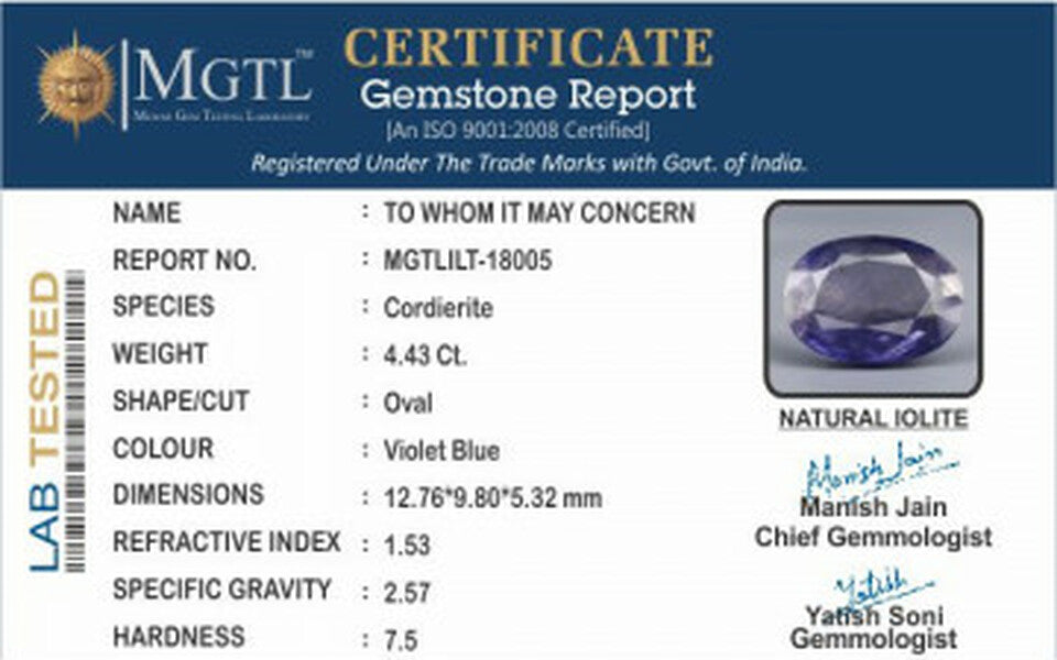 Iolite - 4.43 Carats (Kaka Neeli - 4.83 Ratti)