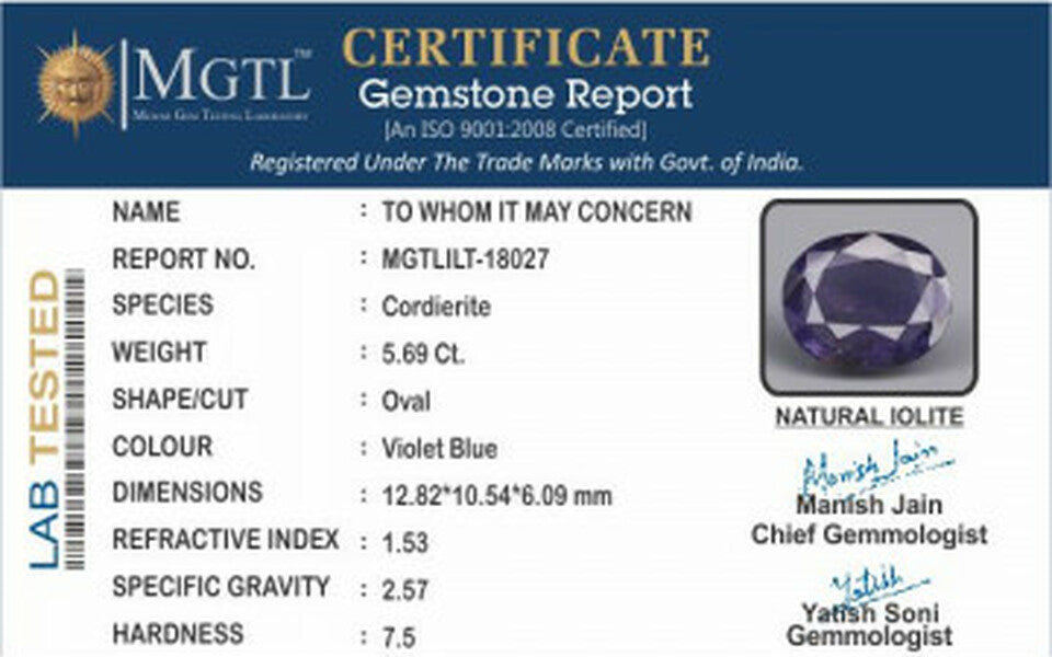 Iolite - 5.69 Carats (Kaka Neeli - 6.20 Ratti)