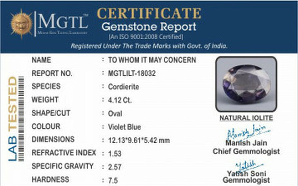 Iolite - 4.12 Carats (Kaka Neeli - 4.49 Ratti)