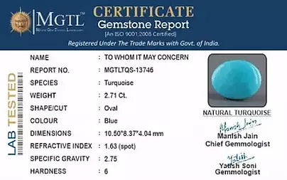 Turquoise - 2.71 Carats ( Firoza - 2.95 Ratti )