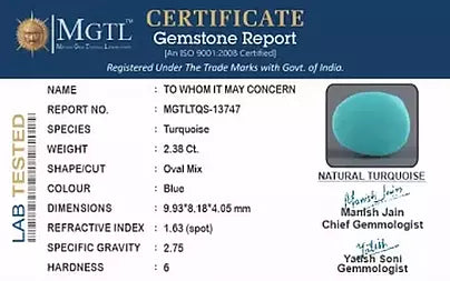 Turquoise - 2.38 Carats ( Firoza - 2.59 Ratti )