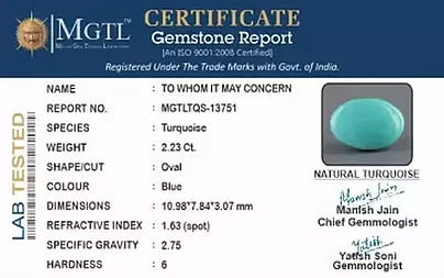 Turquoise - 2.23 Carats ( Firoza - 2.43 Ratti )