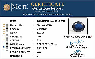 Blue Sapphire - 3.02 Carats (Neelam - 3.29 Ratti)