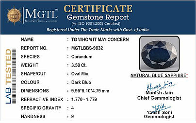Blue Sapphire - 3.58 Carats (Neelam - 3.90 Ratti)