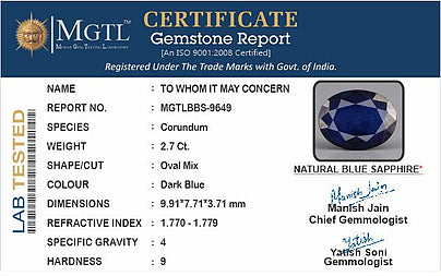 Blue Sapphire - 2.7 Carats (Neelam - 2.94 Ratti)