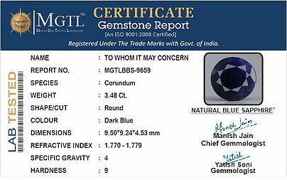 Blue Sapphire - 3.48 Carats (Neelam - 3.79 Ratti)