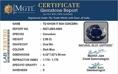 Blue Sapphire - 2.99 Carats (Neelam - 3.26 Ratti)