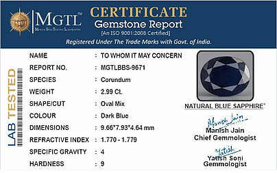 Blue Sapphire - 2.99 Carats (Neelam - 3.26 Ratti)