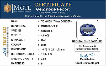 Blue Sapphire - 4.09 Carats (Neelam - 4.46 Ratti)
