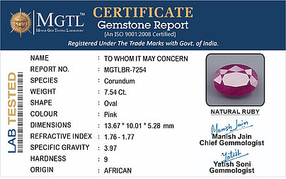 Ruby - 7.54 Carats (Manik - 8.22 Ratti)