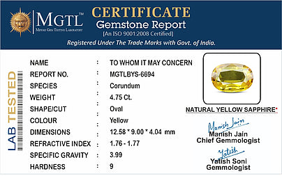 Yellow Sapphire - 4.75 Carats (Pukhraj - 5.18 Ratti)