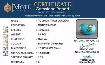 Turquoise - 8.85 Carats ( Firoza - 9.65 Ratti )